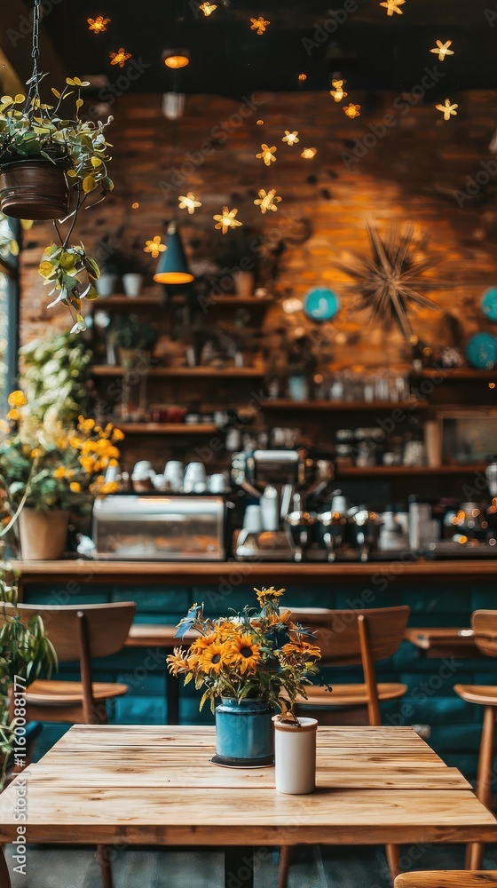 Fototapeta premium Cozy Cafe Interior with Flower Arrangements and Warm Ambiance