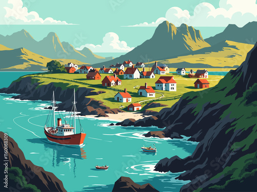  illustration a settlement on the faukland islands or pantagonia costal region in a fantasy novel, scattered houses and fishing boats, ocean 
