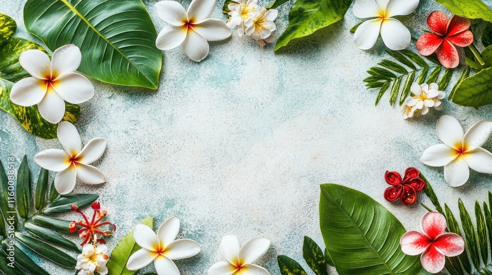 Tropical flowers and leaves frame on a textured background, leaving a blank space in the center.