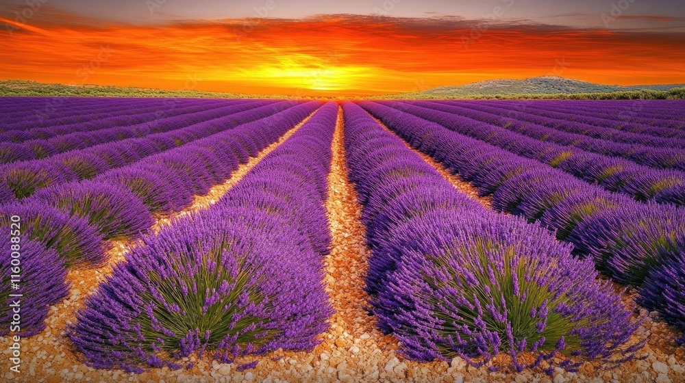 Obraz premium A vibrant lavender field under a dramatic sunset sky.