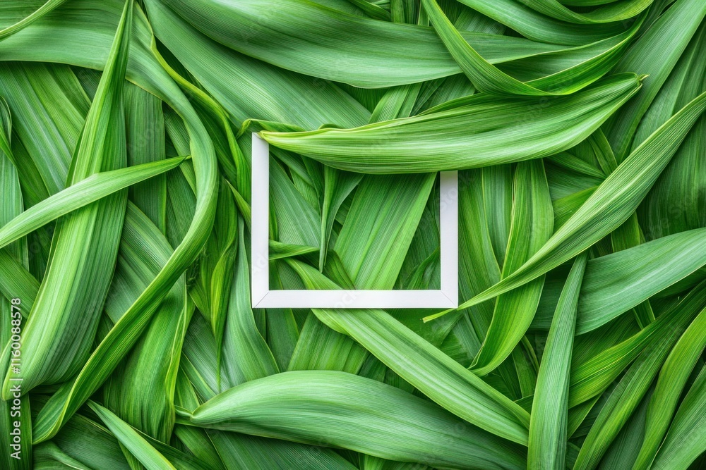 White frame nestled amongst vibrant green leaves; flat lay. White frame nestled amongst vibrant green leaves; flat lay.