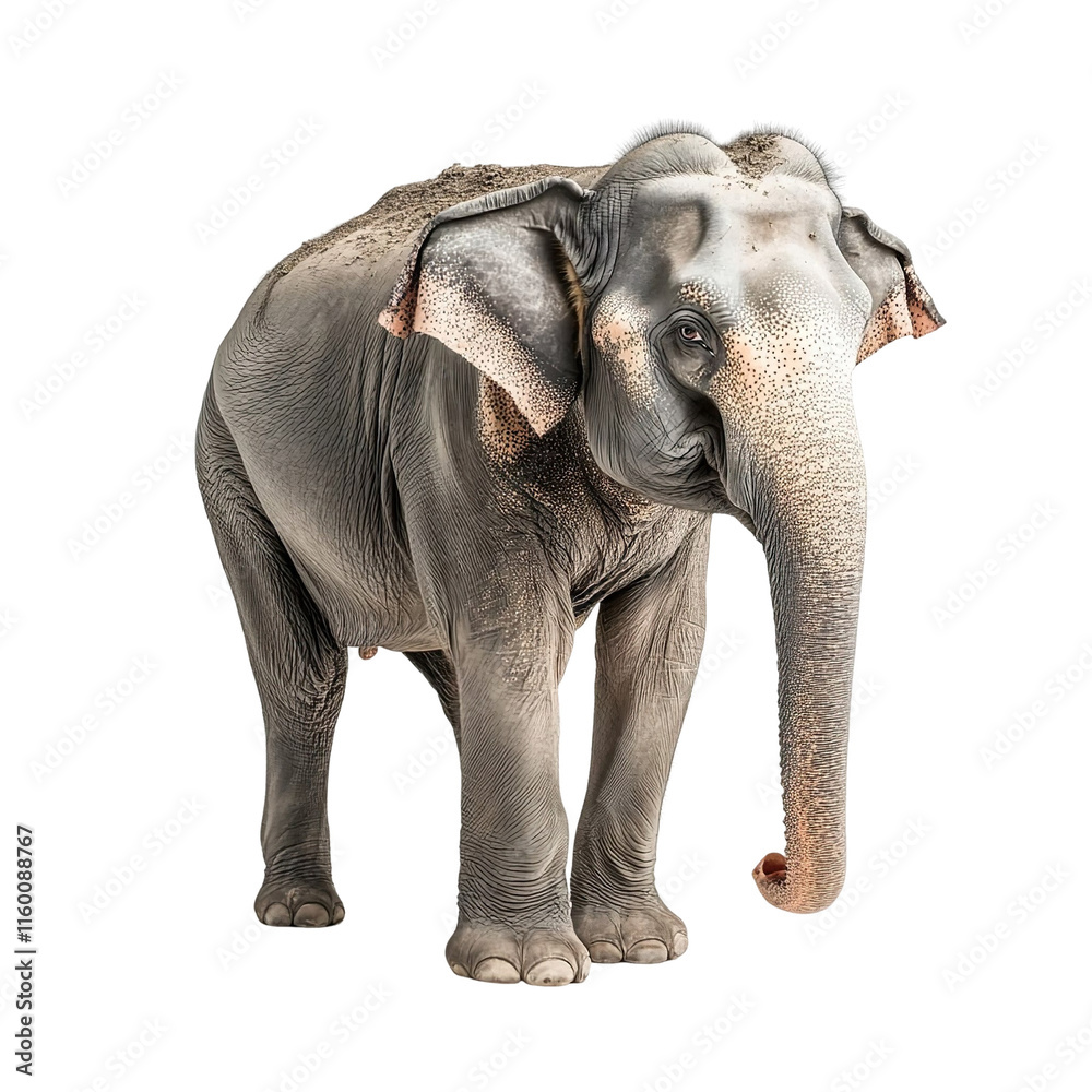 Fototapeta premium Angled view full body shot of an extremely perfect looking single Indian Elephant animal isolated on a white transparent background