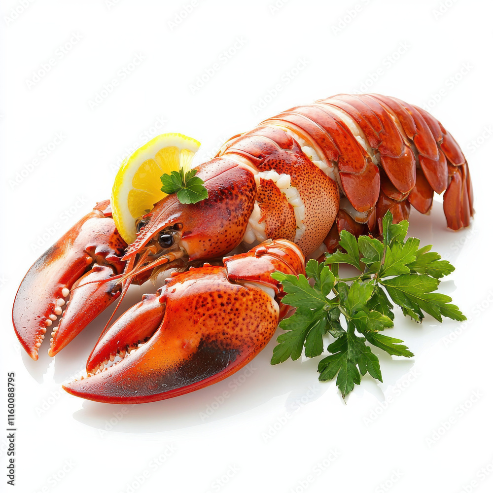 Lobster with lemon garnish, luxurious and vibrant presentation isolated design on white background Lobster with lemon garnish, luxurious and vibrant presentation isolated design on white background