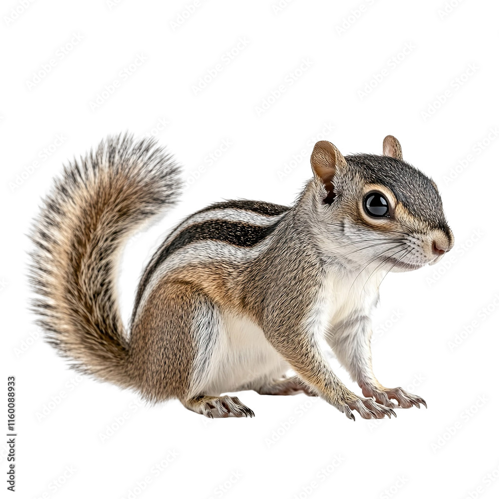 Angled view full body shot of an extremely perfect looking single Indian Palm Squirrel animal isolated on a white transparent background Angled view full body shot of an extremely perfect looking single Indian Palm Squirrel animal isolated on a white transparent background