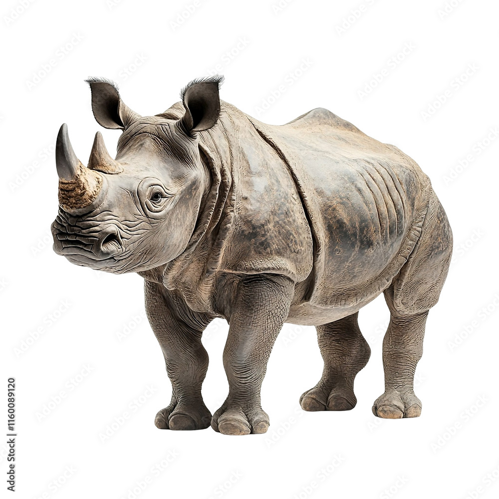 Obraz premium Angled view full body shot of an extremely perfect looking single Indian Rhinoceros animal isolated on a white transparent background