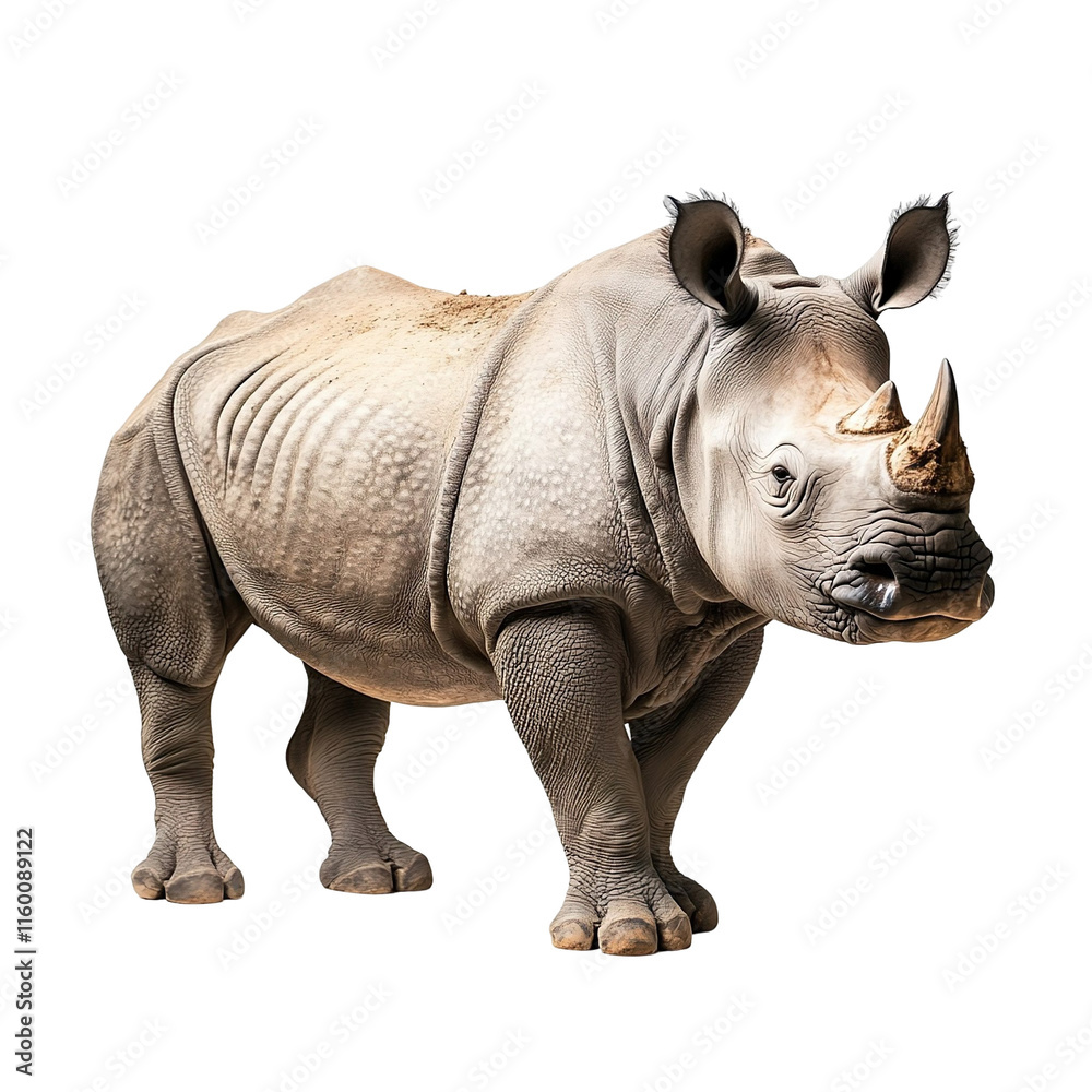 Fototapeta premium Angled view full body shot of an extremely perfect looking single Indian Rhinoceros animal isolated on a white transparent background