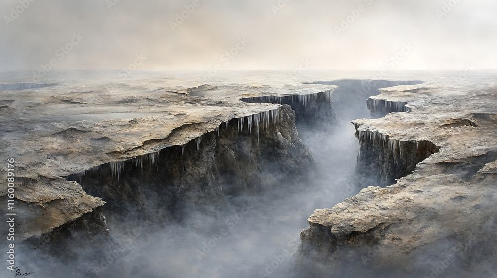 A vast icy crevasse stretching through a pristine glacier, with delicate sunlight creating dynamic shadows and highlights A vast icy crevasse stretching through a pristine glacier, with delicate sunlight creating dynamic shadows and highlights