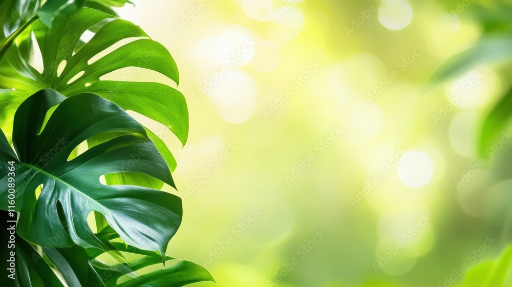 Lush green monstera leaves with bright sunlight bokeh background. Lush green monstera leaves with bright sunlight bokeh background.
