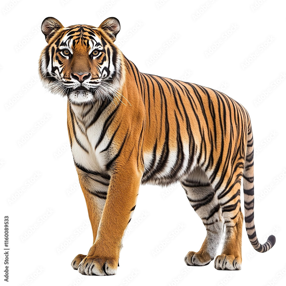 Obraz premium Angled view full body shot of an extremely perfect looking single Indochinese Tiger animal isolated on a white transparent background