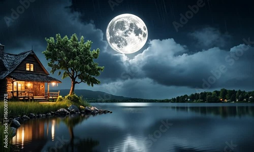 Enchanted Lakeside Cabin Under a Full Moon
