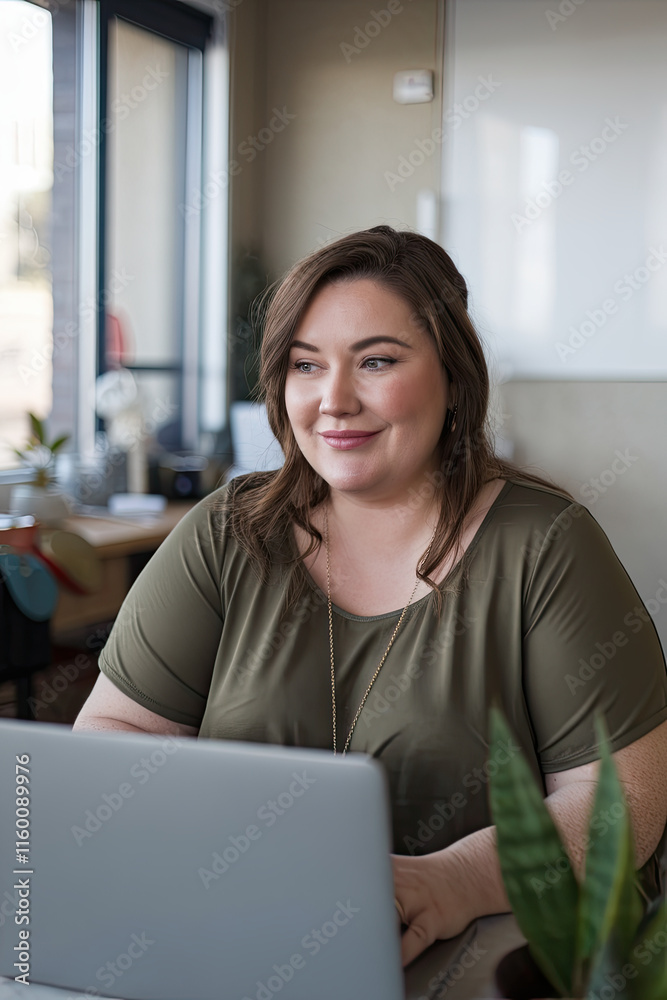 Friendly plus-size businesswoman with a laptop in a relaxed office environment