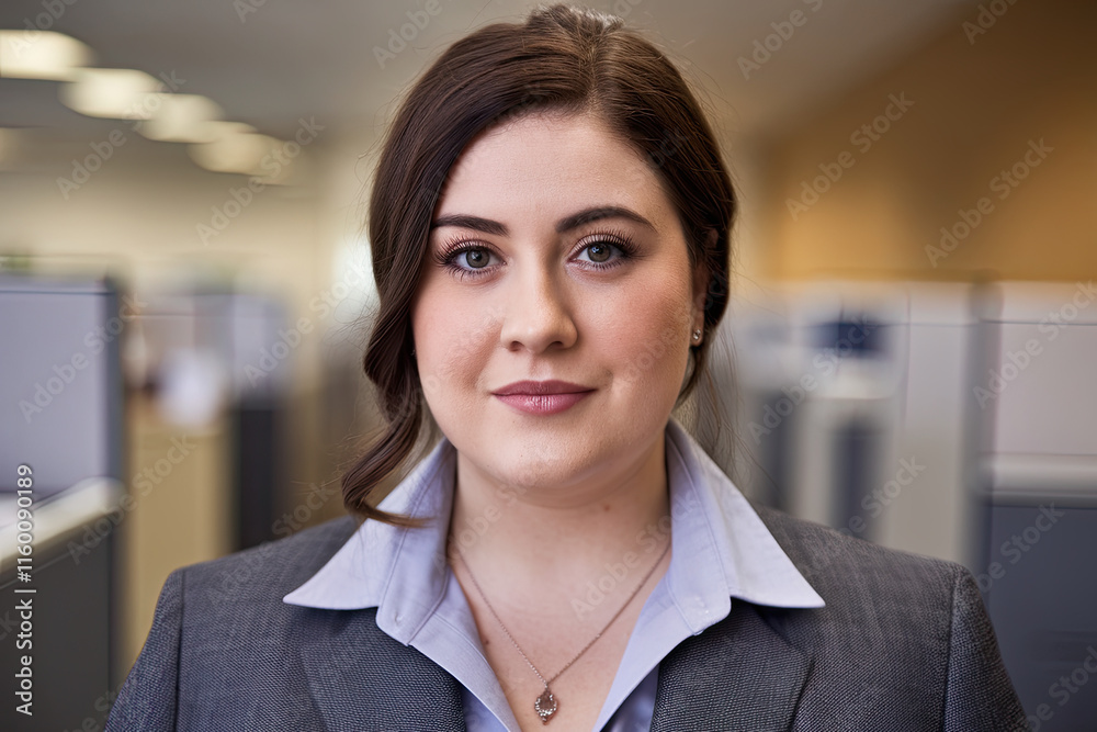 Portrait of a plus-size woman in business attire against a blurred office background Portrait of a plus-size woman in business attire against a blurred office background