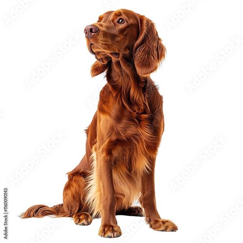 Angled view full body shot of an extremely perfect looking single Irish Setter animal isolated on a white transparent background