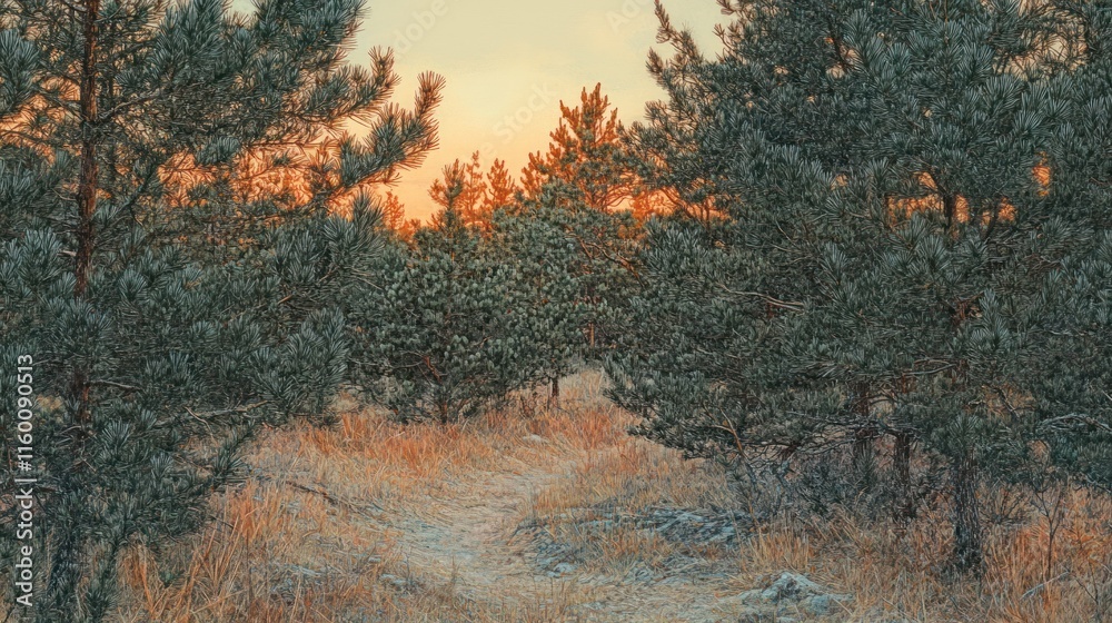 Sunrise path through frosty pine forest. Sunrise path through frosty pine forest.
