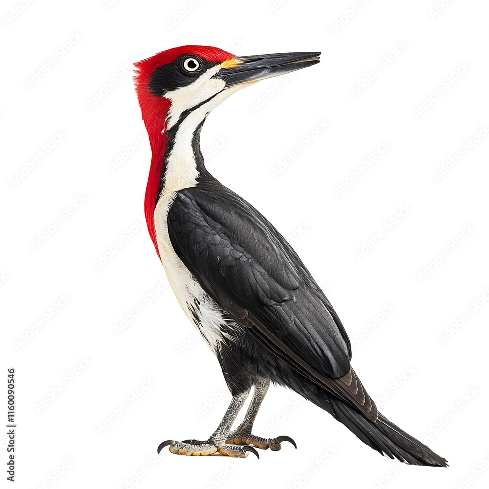 Fototapeta premium Angled view full body shot of an extremely perfect looking single Ivory-billed Woodpecker animal isolated on a white transparent background