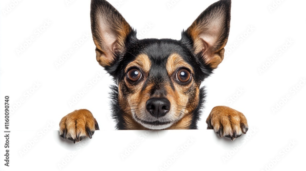 Cute small dog peeking over white background, paws on edge. Cute small dog peeking over white background, paws on edge.