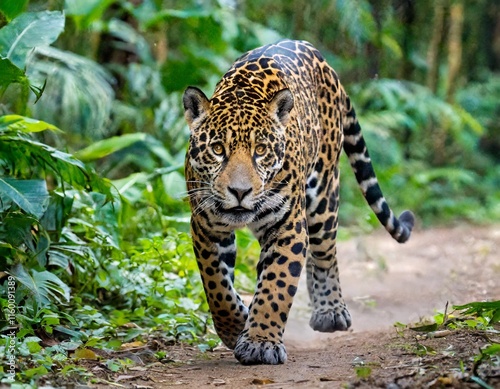 Crepuscular Jaguar Gracefully Navigating Sinuous Trails in a Verdant Rainforest photo