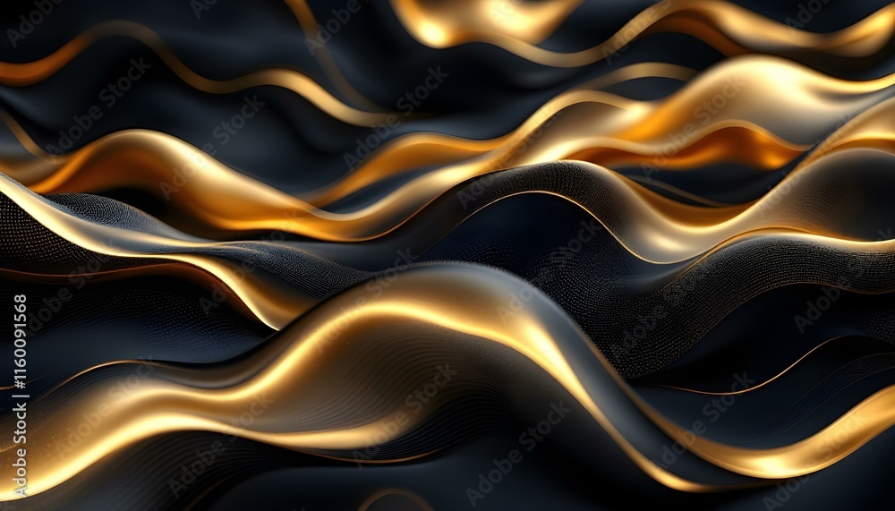 Obraz premium Abstract waves of luxurious black lines on a gradient background with golden accents. Abstract futuristic waved dark black background design. Realistic 3d luxury flowing line background design