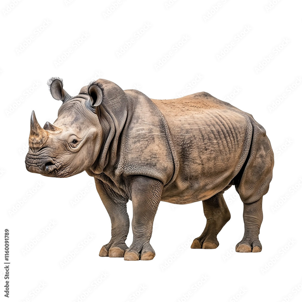 Angled view full body shot of an extremely perfect looking single Javan Rhinoceros animal isolated on a white transparent background Angled view full body shot of an extremely perfect looking single Javan Rhinoceros animal isolated on a white transparent background