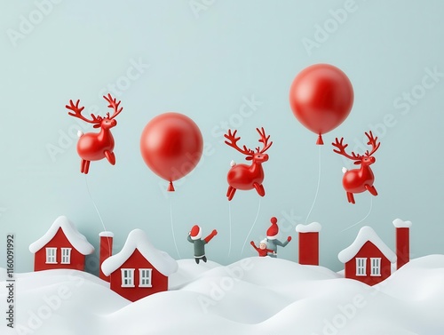 Festive rednosed reindeer balloons flying above snowy rooftops as children wave from below photo