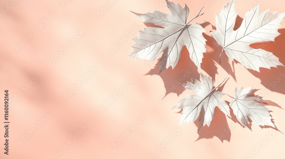 Three bleached maple leaves arranged on a peach background with shadows. Three bleached maple leaves arranged on a peach background with shadows.