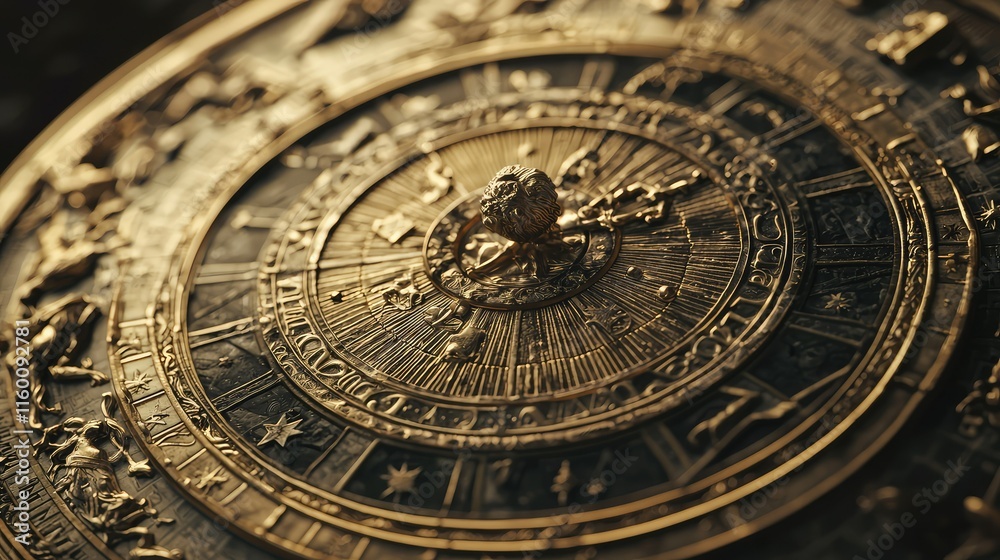 Obraz premium Intricate Close-Up of Astrological Zodiac Wheel in Gold Texture
