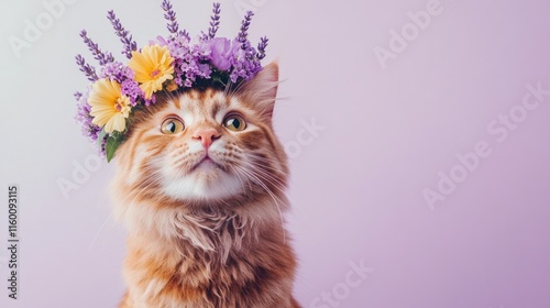 Fluffy ginger cat wearing a flower crown against a purple background.