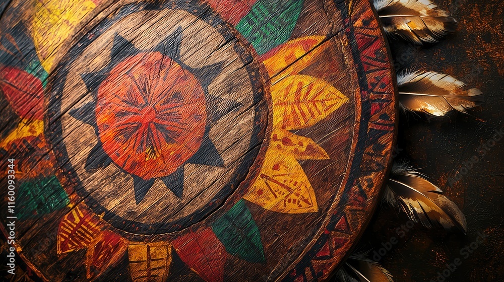 Obraz premium Vibrant Handcrafted Wooden Shield with Colorful Sun and Leaf Designs