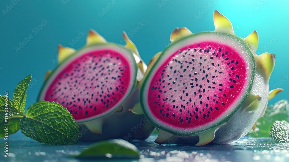 Two halved pink pitaya with mint leaves on blue background. Two halved pink pitaya with mint leaves on blue background.