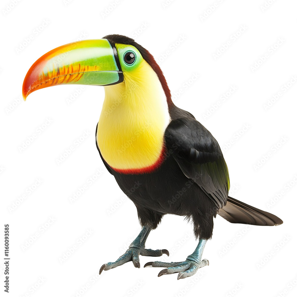 Fototapeta premium Angled view full body shot of extremely perfect looking single Keel-Billed Toucan animal isolated on a white transparent background