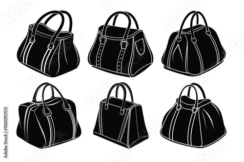 Elegant designer handbag silhouette and line art vector illustration