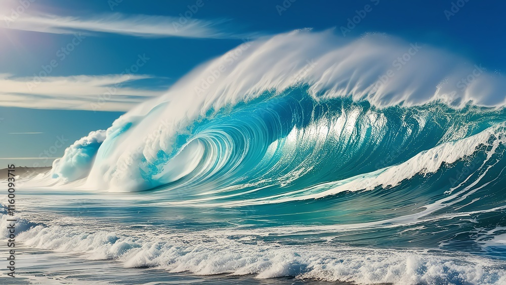 The scene is bathed in sunlight under a crystal-clear blue sky, highlighting the raw energy of the sea. The scene is bathed in sunlight under a crystal-clear blue sky, highlighting the raw energy of the sea.