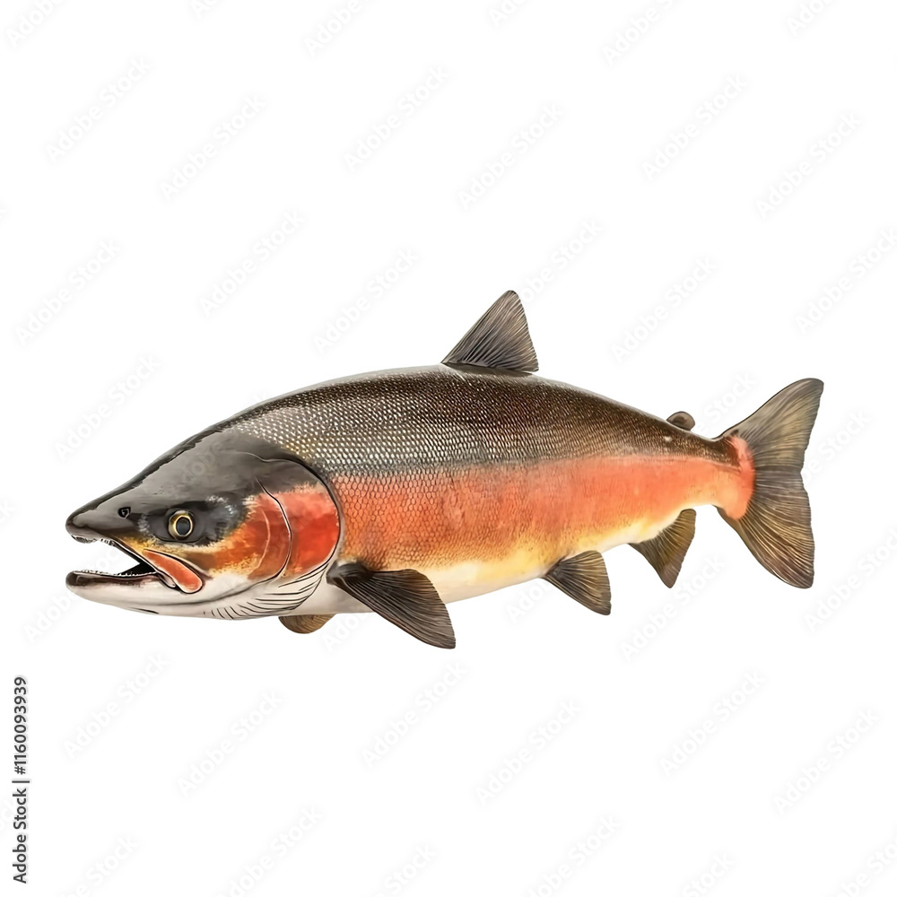 Angled view full body shot of extremely perfect looking single Keta Salmon animal isolated on a white transparent background Angled view full body shot of extremely perfect looking single Keta Salmon animal isolated on a white transparent background
