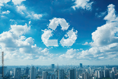 A cloud in the shape of a recycling symbol hovering over a city, symbolizing eco-friendly transformation photo