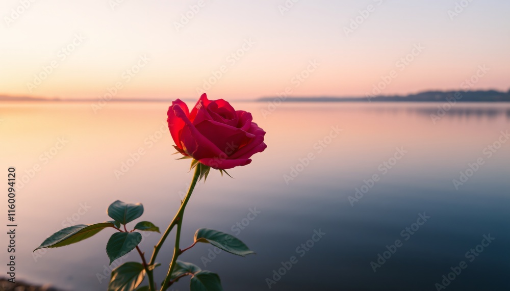 large, single rose blooming on the edge of a quiet lake at sunrise, The water is perfectly still, reflecting the warm colors of the rose and the sky, creating a serene, peaceful atmosphere with soft. large, single rose blooming on the edge of a quiet lake at sunrise, The water is perfectly still, reflecting the warm colors of the rose and the sky, creating a serene, peaceful atmosphere with soft.