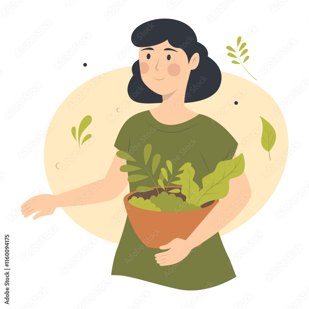 People Vegetarian Illustration in Cartoon Design. Healthy Lifestyle. Vector Character