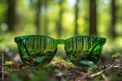 A forest reflected in a pair of green sunglasses, symbolizing a vision for a greener world photo