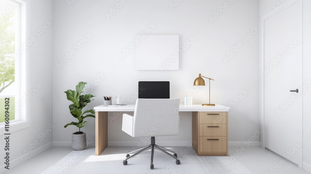 Modern Minimalist Home Office Design Featuring White Desk and Ergonomic Chair with Natural Light and Green Plant for a Calming Workspace Atmosphere Modern Minimalist Home Office Design Featuring White Desk and Ergonomic Chair with Natural Light and Green Plant for a Calming Workspace Atmosphere