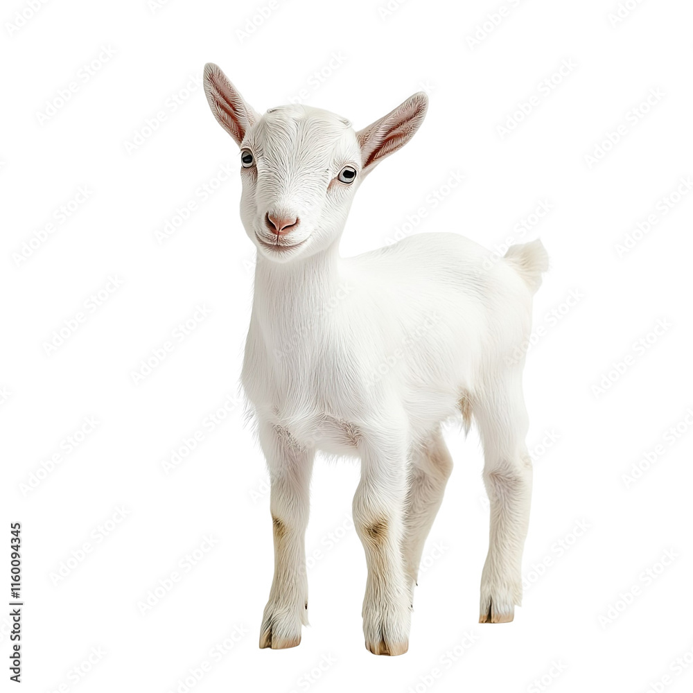 Fototapeta premium Angled view full body shot of extremely perfect looking single Kinder Goat animal isolated on a white transparent background