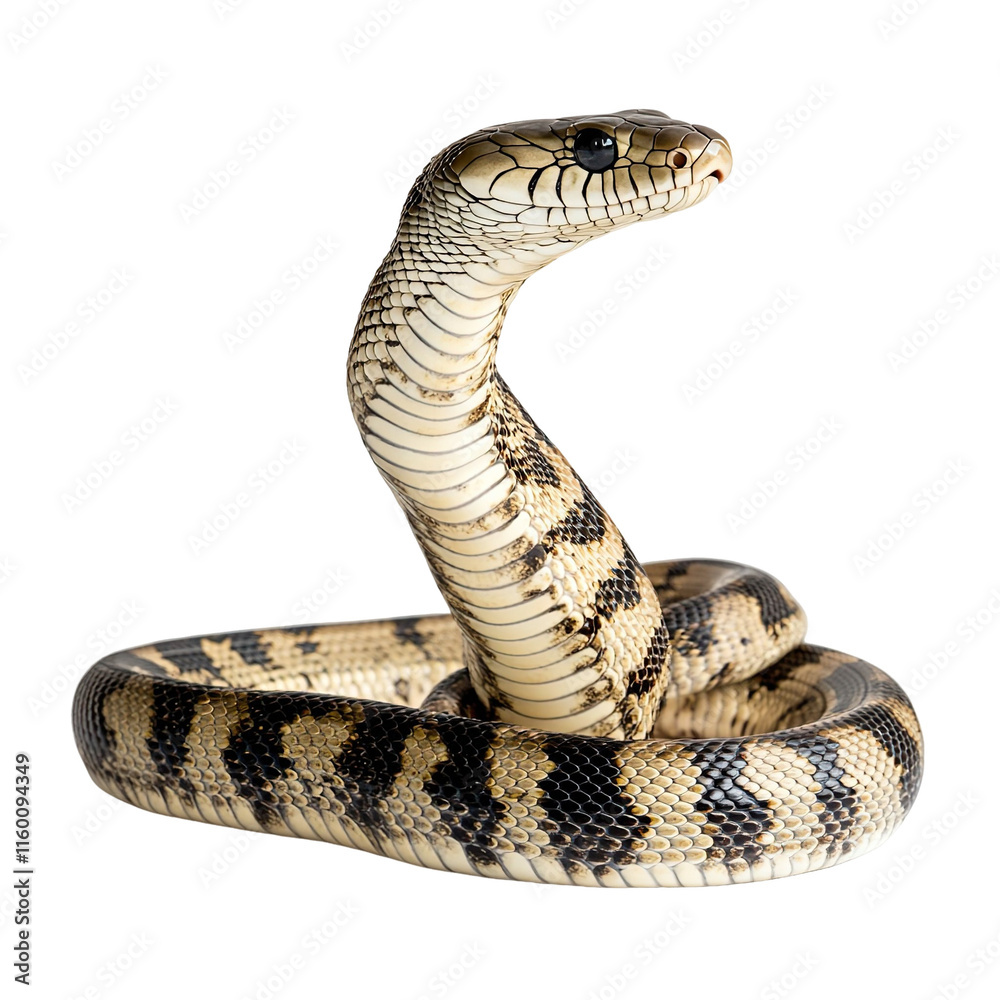 Fototapeta premium Angled view full body shot of extremely perfect looking single King Cobra animal isolated on a white transparent background