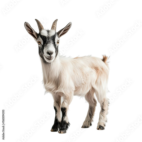 Angled view full body shot of extremely perfect looking single Kinder Goat animal isolated on a white transparent background