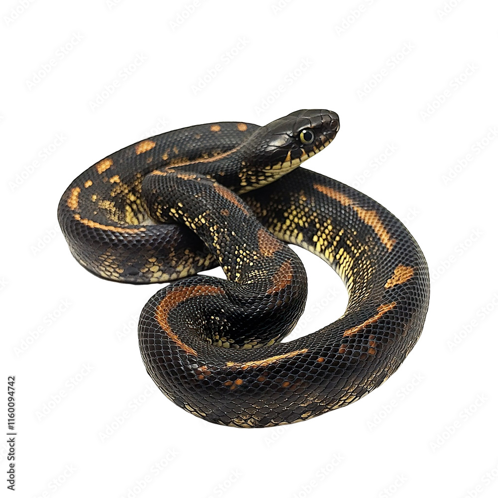 Angled view full body shot of extremely perfect looking single King Rat Snake animal isolated on a white transparent background Angled view full body shot of extremely perfect looking single King Rat Snake animal isolated on a white transparent background