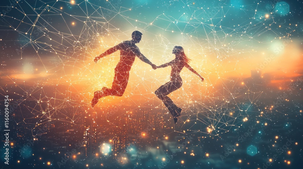 Naklejka premium Couple joyfully leaping, connected by glowing lines, against a vibrant sunset cityscape backdrop.