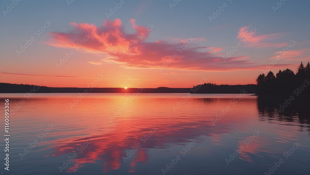 A beautiful sunset over a calm lake. The sky is ablaze with vibrant colors of orange, pink, and purple, reflecting on the still water. A beautiful sunset over a calm lake. The sky is ablaze with vibrant colors of orange, pink, and purple, reflecting on the still water.
