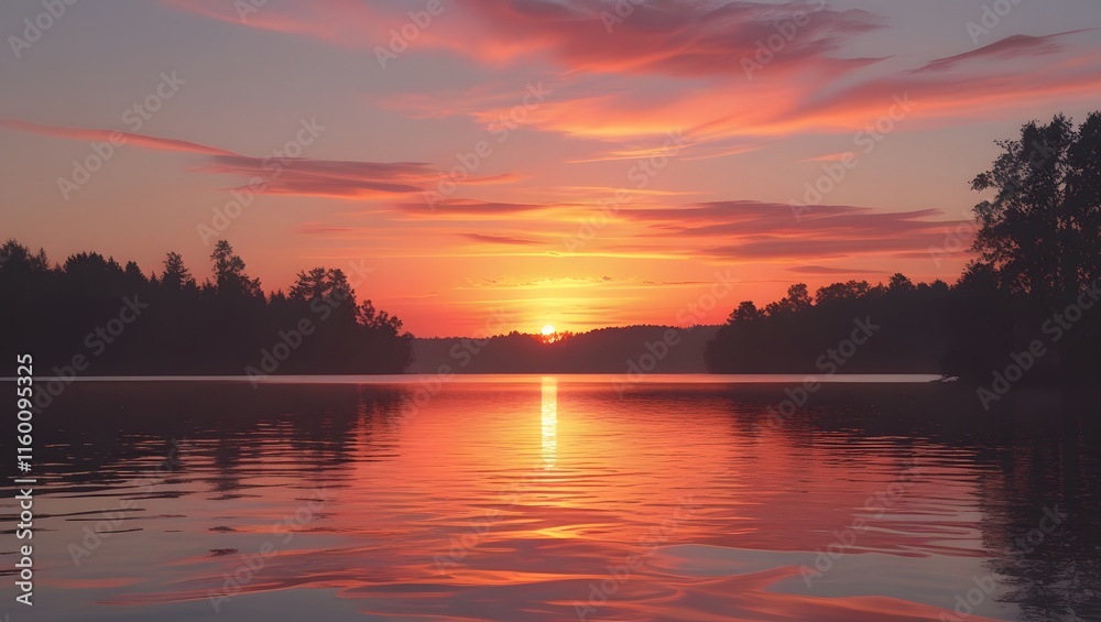 A beautiful sunset over a calm lake. The sky is ablaze with vibrant colors of orange, pink, and purple, reflecting on the still water. A beautiful sunset over a calm lake. The sky is ablaze with vibrant colors of orange, pink, and purple, reflecting on the still water.