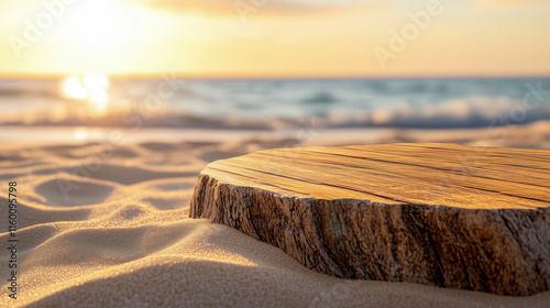 Fototapeta Naklejka Na Ścianę i Meble -  Tranquil beach sunset with a wooden podium on the sand