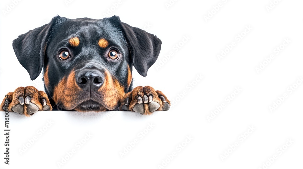 Cute Rottweiler dog peeking over a white banner, looking at the camera with curious eyes. Cute Rottweiler dog peeking over a white banner, looking at the camera with curious eyes.