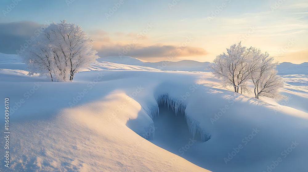 A dramatic composition of a deep crevasse illuminated by diffused natural light, emphasizing the grandeur of the icy landscape A dramatic composition of a deep crevasse illuminated by diffused natural light, emphasizing the grandeur of the icy landscape