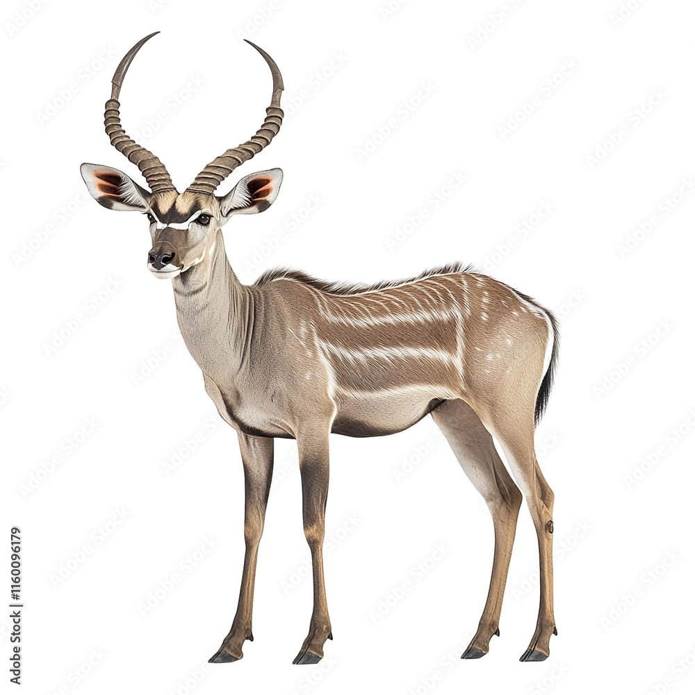 Fototapeta premium Angled view full body shot of extremely perfect looking single Kudu animal isolated on a white transparent background