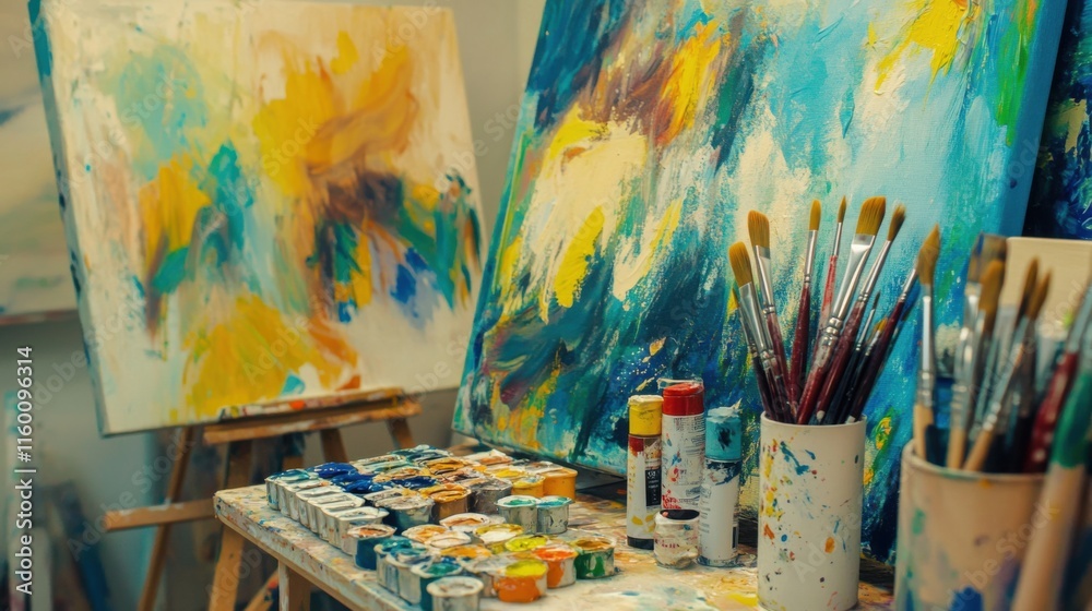Fototapeta premium An artistic painting workshop with vibrant canvases and assorted brushes, Paint tubes organized in a creative studio space, Abstract artistry style